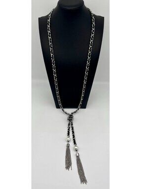White House Black Market Silver-Tone Links W/Black Ribbon Double Tassel Necklace